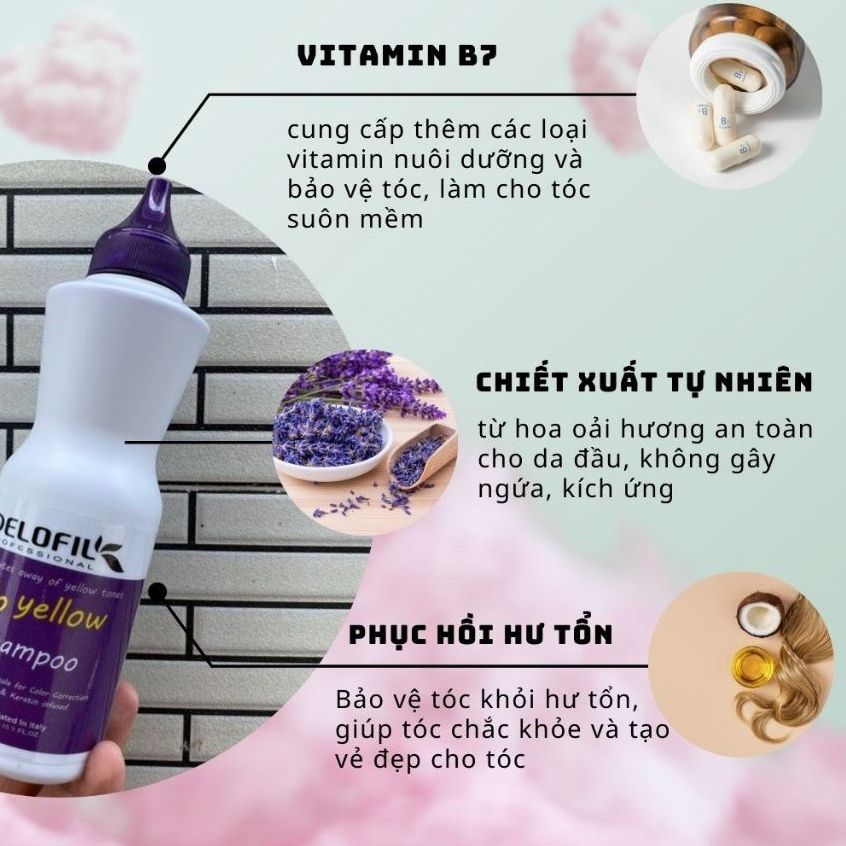 Dầu gội tím khử vàng tóc tẩy giữ màu tóc nhuộm làm mềm mượt tóc Delofil No Yellow 500ml - Mỹ phẩm Divi