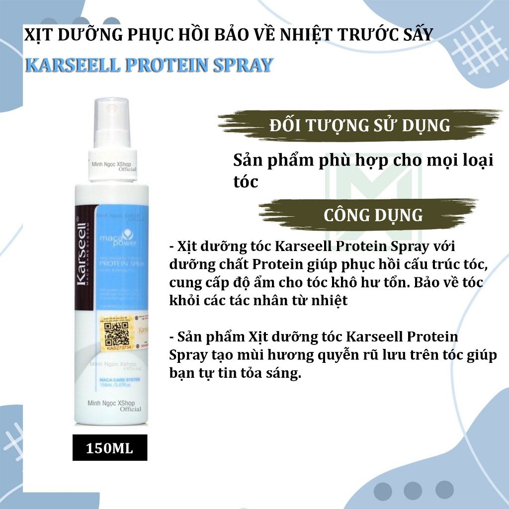 Xịt dưỡng tóc KARSEELL MACA ESSENCE REPAIR PROTEIN SPRAY phục hồi sâu hư tổn dưỡng tóc uốn, duỗi, nhuộm 150ml