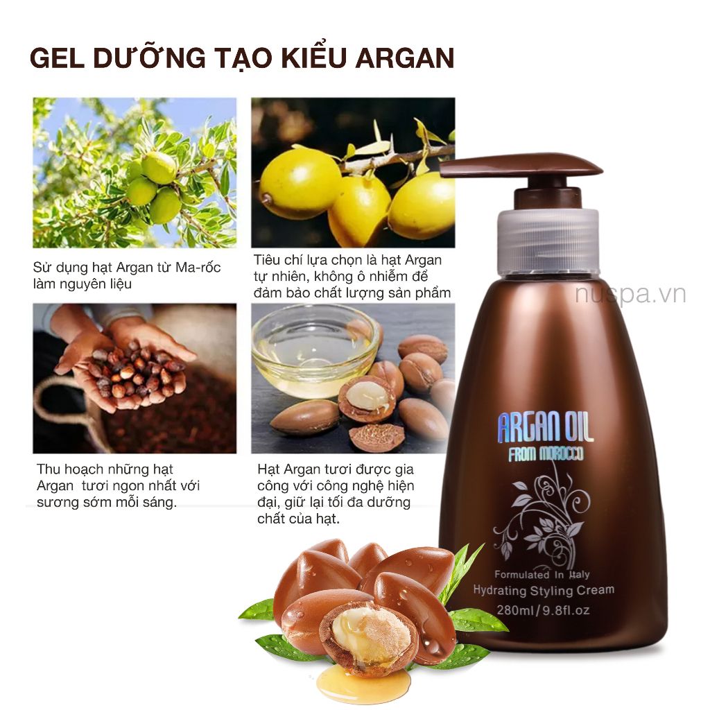 Gel giữ nếp tóc, tạo kiểu dưỡng tóc nam nữ phồng tóc, mềm mại ARGAN OIL nuspa 280ml - Mỹ phẩm Divi