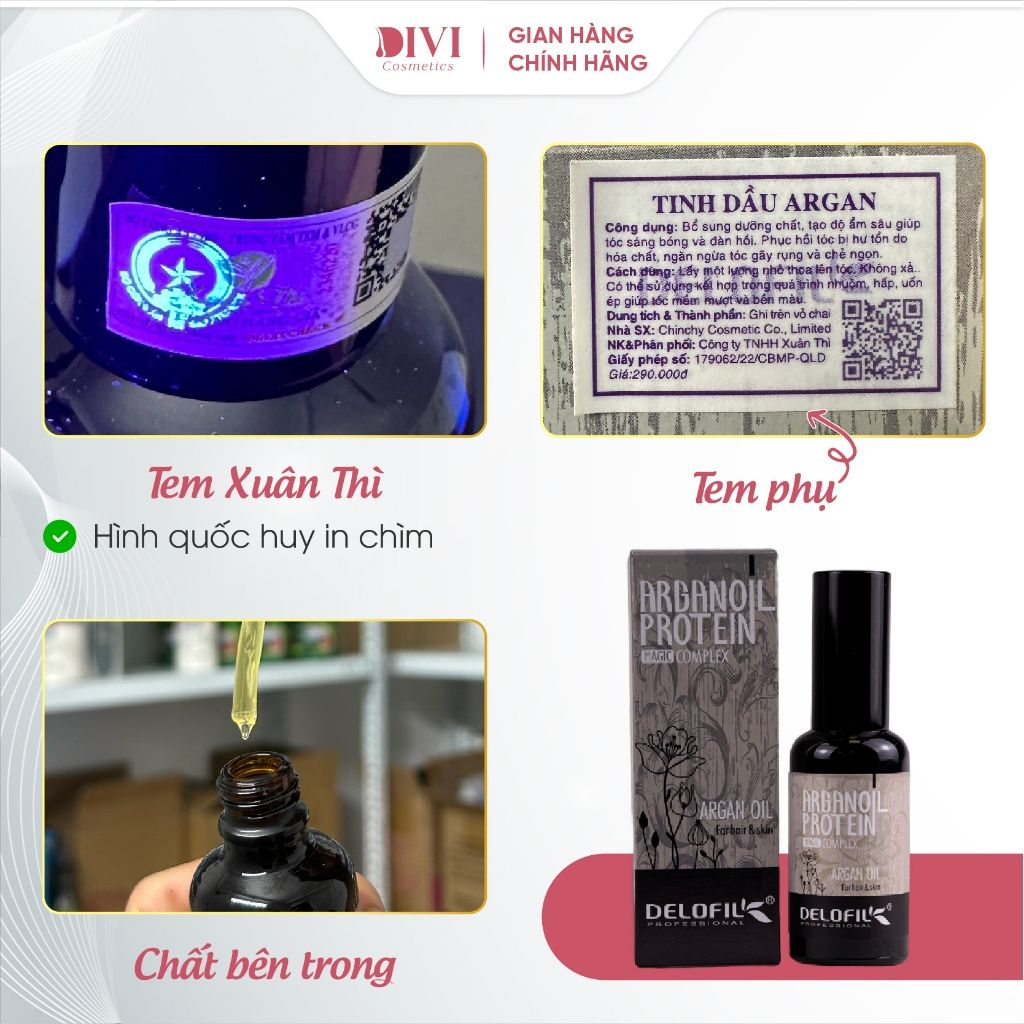 Tinh dầu dưỡng tóc Delofil Argan Oil với collagen keratin phục hồi sâu tóc hư tổn, xơ yếu 50ml - Mỹ phẩm Divi