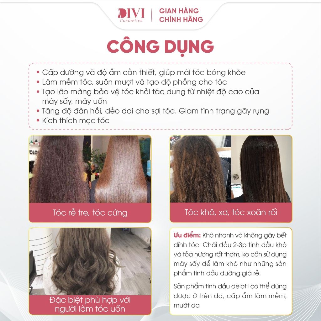 Tinh dầu dưỡng tóc Delofil Argan Oil với collagen keratin phục hồi sâu tóc hư tổn, xơ yếu 50ml - Mỹ phẩm Divi