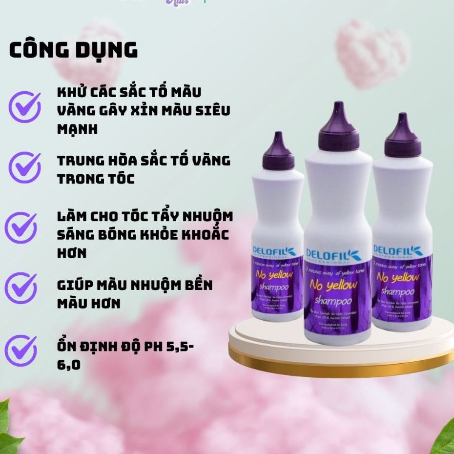 Dầu gội tím khử vàng tóc tẩy giữ màu tóc nhuộm làm mềm mượt tóc Delofil No Yellow 500ml - Mỹ phẩm Divi