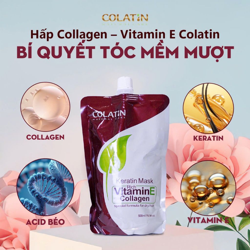 Kem ủ tóc keratin, hấp tóc phục hồi hư tổn, collagen dưỡng siêu mượt COLATIN Keratin Vitamin E 500ml - Mỹ phẩm Divi