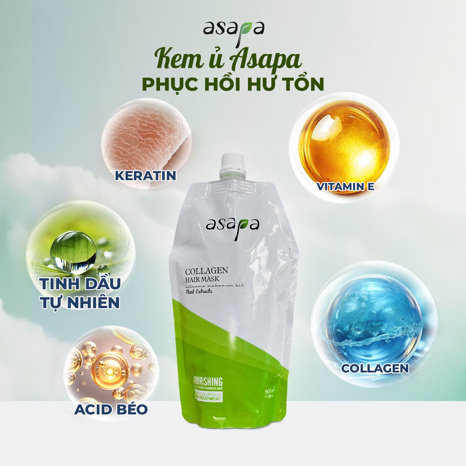 Kem ủ Collagen phục hồi tóc hư tổn, dưỡng tóc suôn mượt Asapa 500ml- Mỹ phẩm Divi
