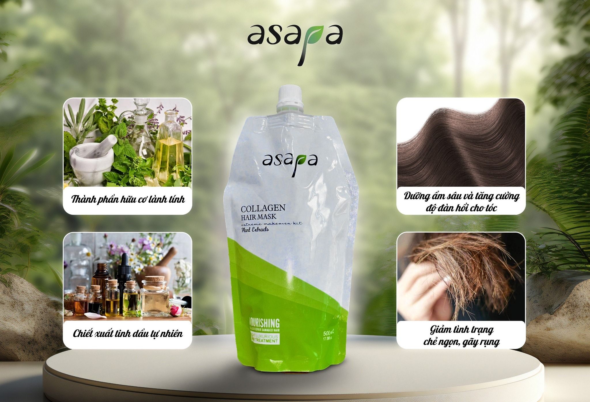 Kem ủ Collagen phục hồi tóc hư tổn, dưỡng tóc suôn mượt Asapa 500ml- Mỹ phẩm Divi