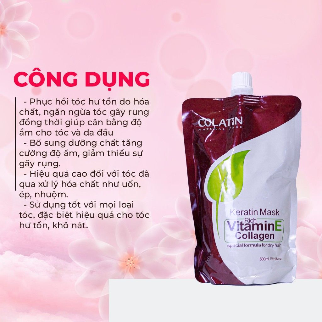 Kem ủ tóc keratin, hấp tóc phục hồi hư tổn, collagen dưỡng siêu mượt COLATIN Keratin Vitamin E 500ml - Mỹ phẩm Divi