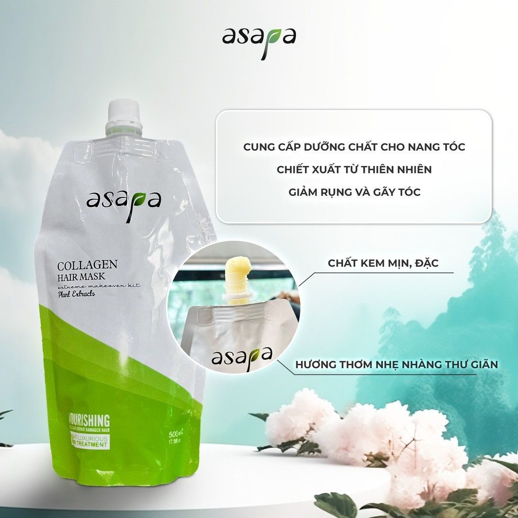 Kem ủ Collagen phục hồi tóc hư tổn, dưỡng tóc suôn mượt Asapa 500ml- Mỹ phẩm Divi