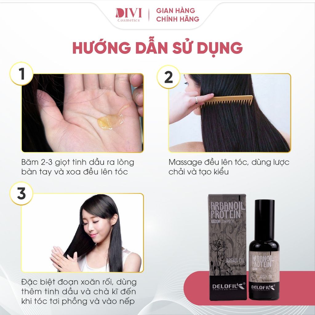 Tinh dầu dưỡng tóc Delofil Argan Oil với collagen keratin phục hồi sâu tóc hư tổn, xơ yếu 50ml - Mỹ phẩm Divi