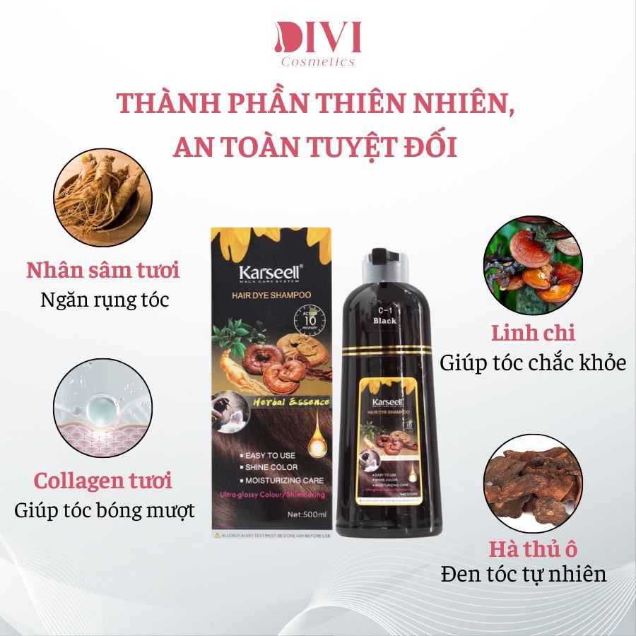 Dầu gội phủ bạc KARSEELL, phủ bạc đen tóc, nâu tóc từ lần gội đầu tiên, 100% thảo dược thiên nhiên 500ml