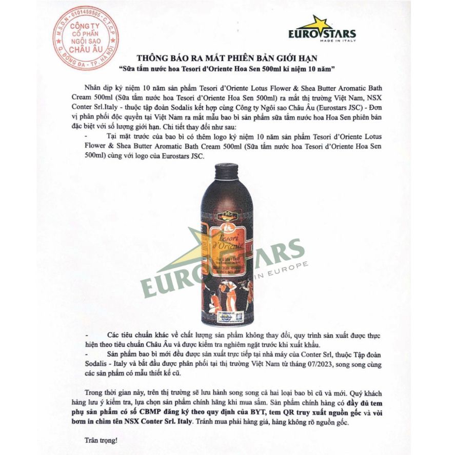 Sữa tắm nước hoa Ý Tesori d'Oriente chính hãng 500ml hương thơm lưu trữ cả ngày kèm vòi) - Mỹ phẩm Divi