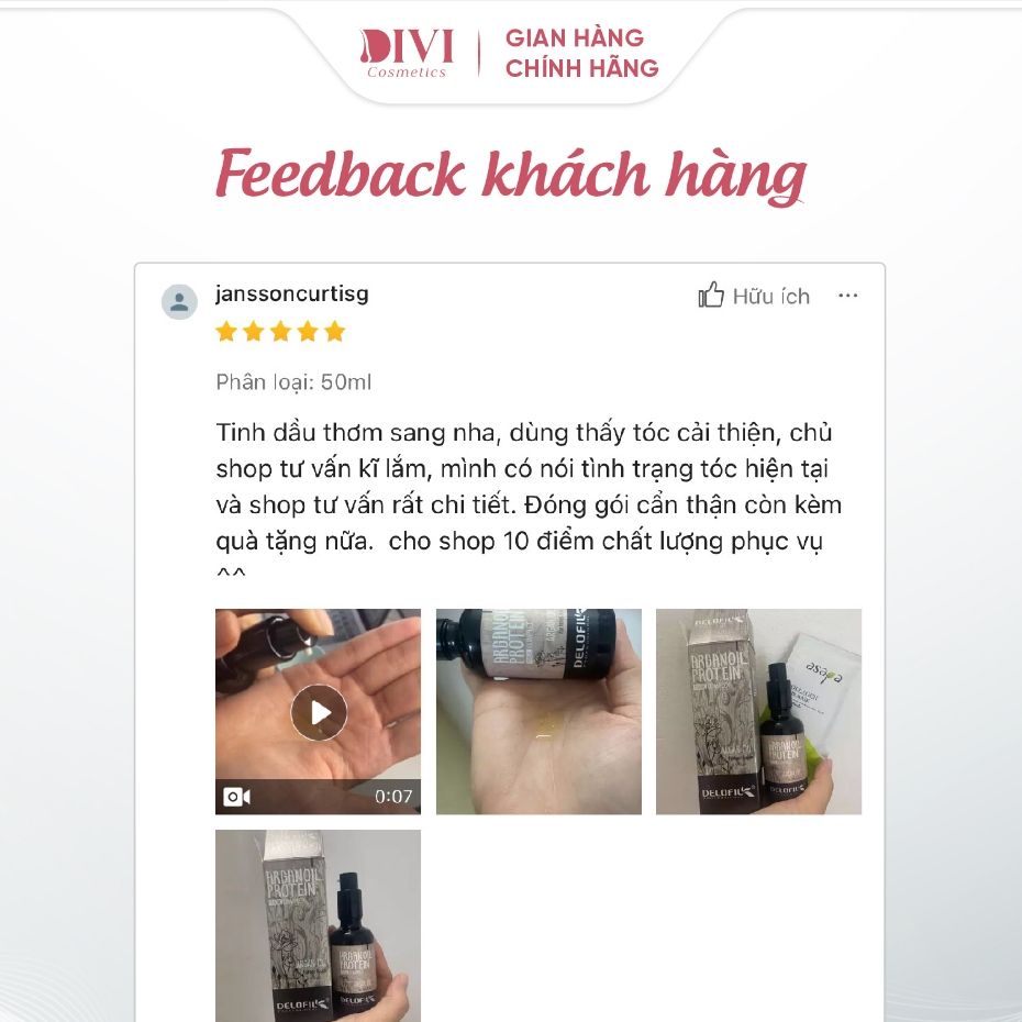Tinh dầu dưỡng tóc Delofil Argan Oil với collagen keratin phục hồi sâu tóc hư tổn, xơ yếu 50ml - Mỹ phẩm Divi