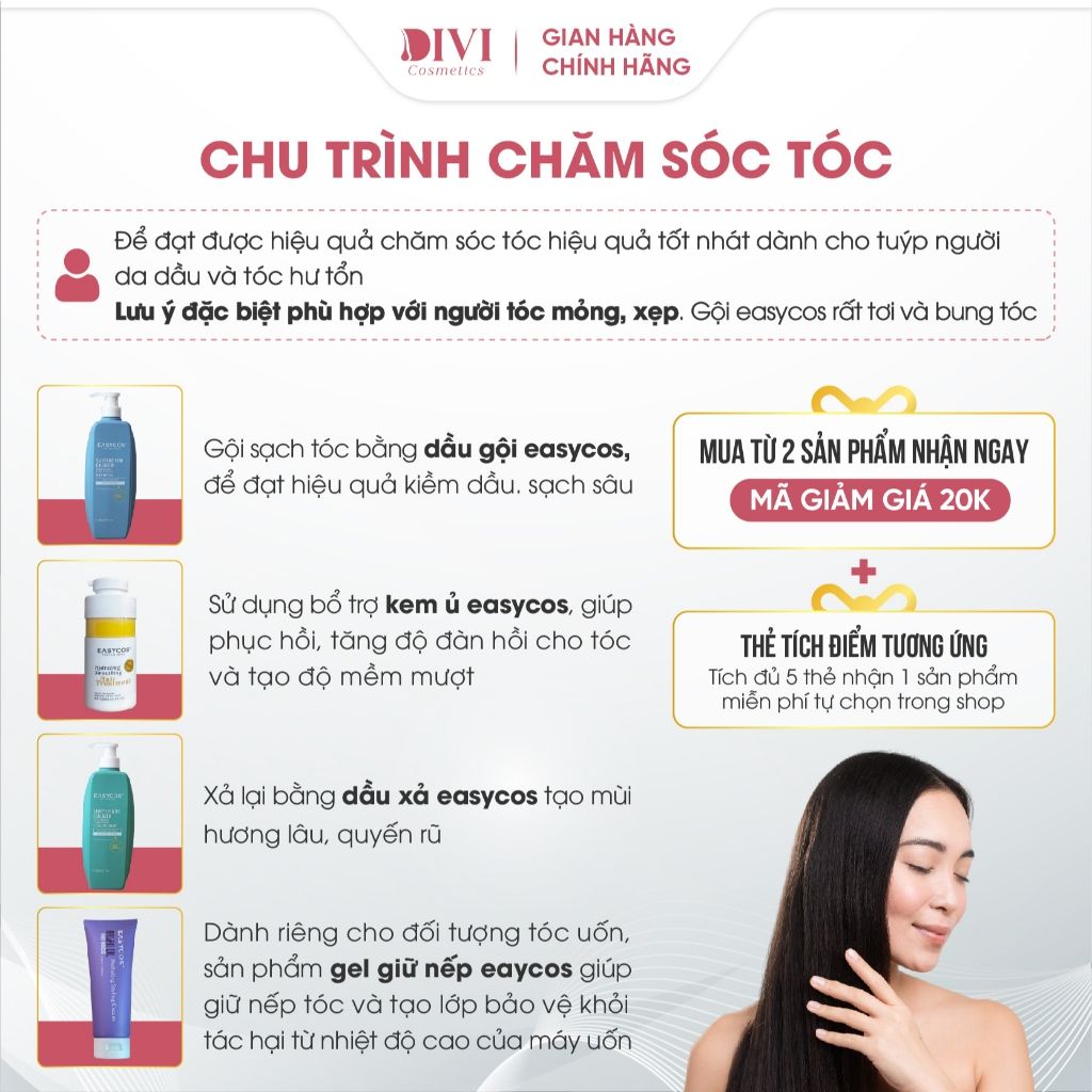 Cặp dầu gội xả Easycos kiềm dầu, giảm rụng, hỗ trợ dày tóc, lưu hương hoa 800ml - Mỹ phẩm divi