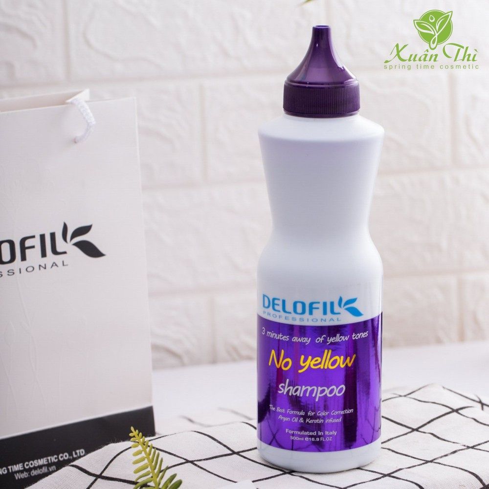 Dầu gội tím khử vàng tóc tẩy giữ màu tóc nhuộm làm mềm mượt tóc Delofil No Yellow 500ml - Mỹ phẩm Divi
