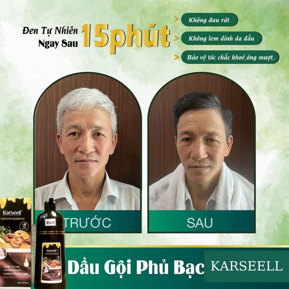 Dầu gội phủ bạc KARSEELL, phủ bạc đen tóc, nâu tóc từ lần gội đầu tiên, 100% thảo dược thiên nhiên 500ml