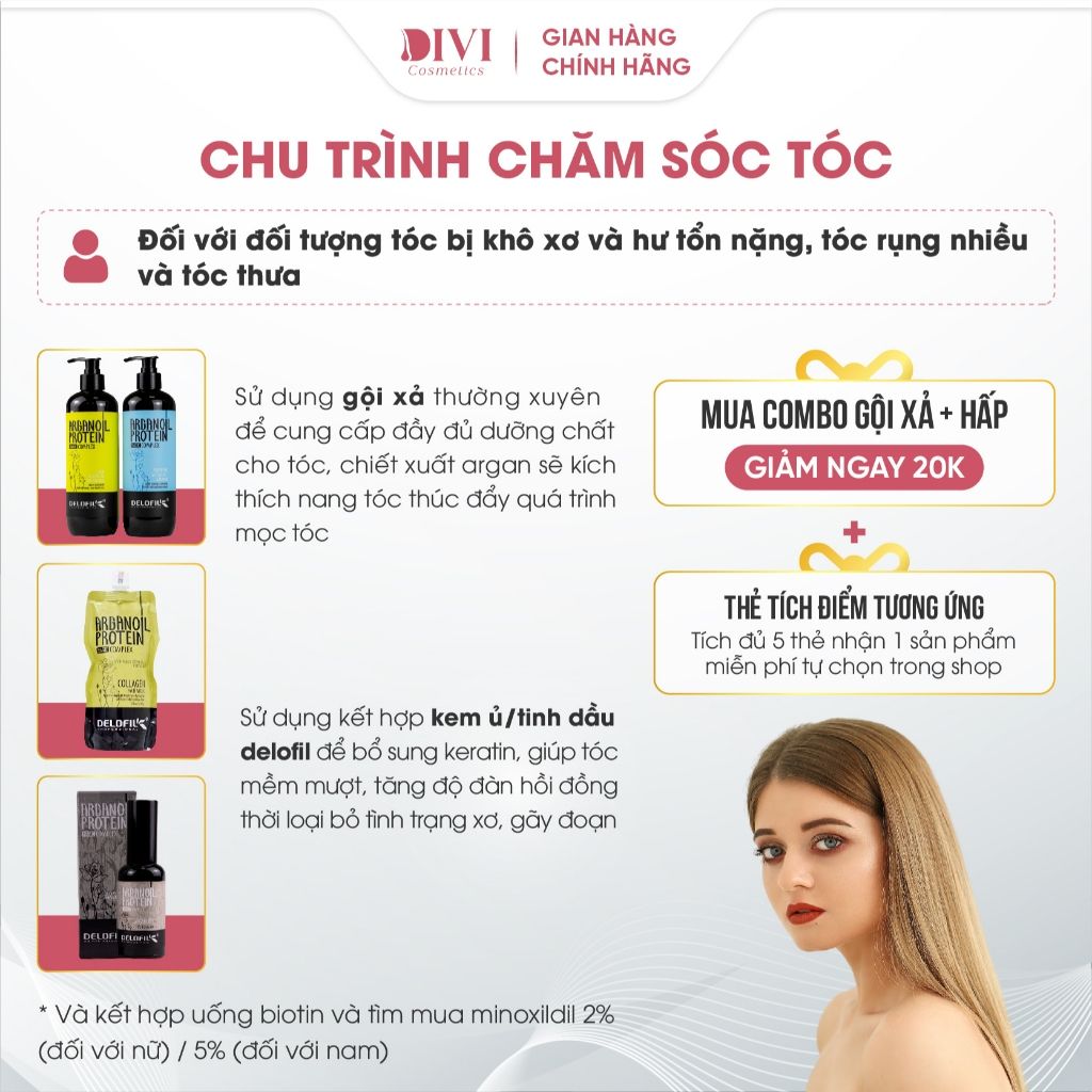 Tinh dầu dưỡng tóc Delofil Argan Oil với collagen keratin phục hồi sâu tóc hư tổn, xơ yếu 50ml - Mỹ phẩm Divi